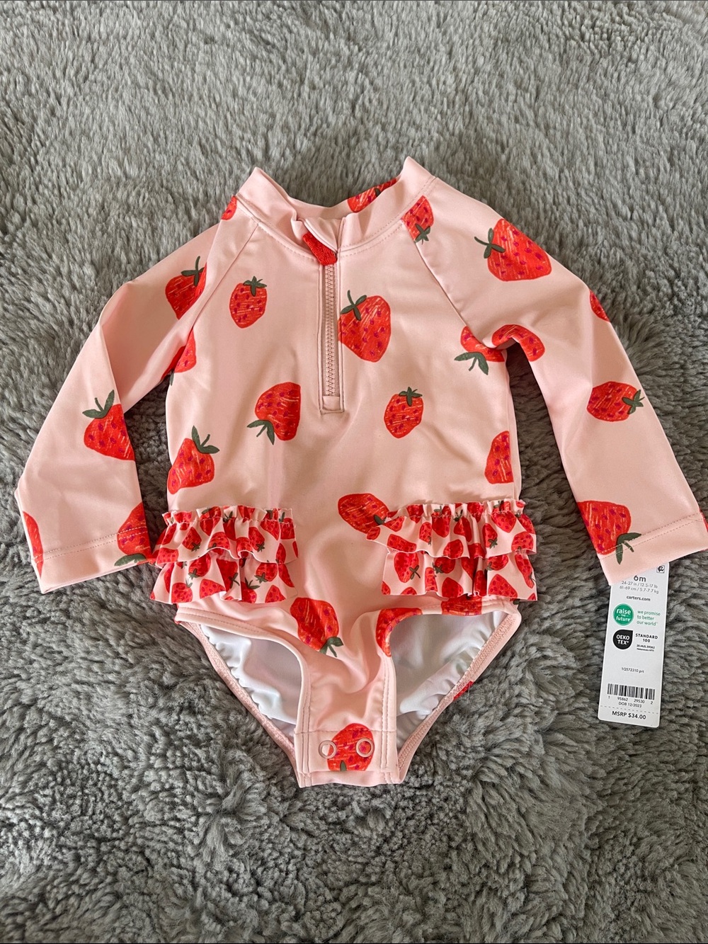 Baby Long Sleeve Strawberry Ruffle One-Piece Swimsuit - Pink & Red